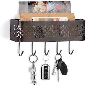 Wall Mount Mail Organizer Storage Basket Metal Entryway Mail Sorter with 5-Hooks for Coat Leash Key