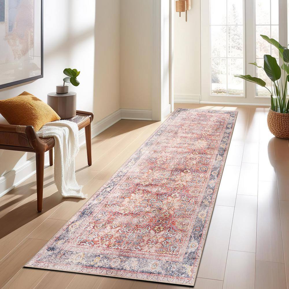 Vintage Red Polyester Flat-Woven Machine Washable Area Rug