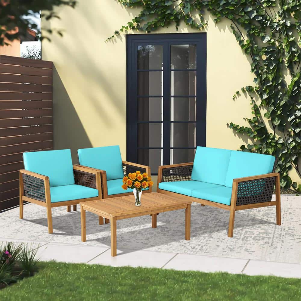 Turquoise 4-Piece Acacia Wood and PE Rattan Patio Set