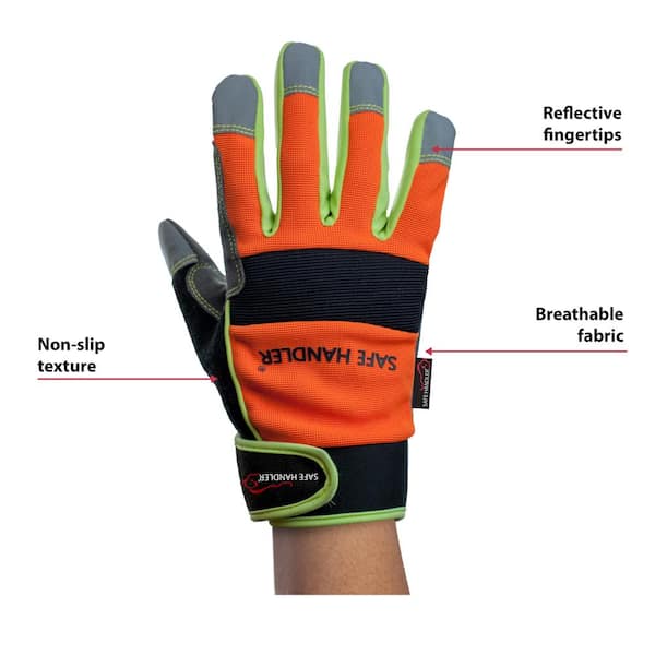 Safe Handler Reflect Pro Gloves | High Visibility, Hook & Loop Wrist Strap, Reflective Fingertips, L/xl, 1 Pair (2 Gloves)