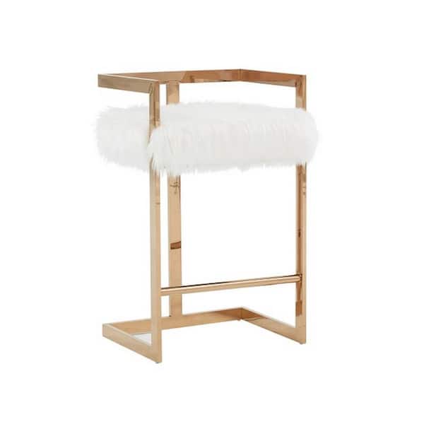 Benjara 26 in. White and Gold Low Back Metal Frame Bar Stool with Fabric Seat