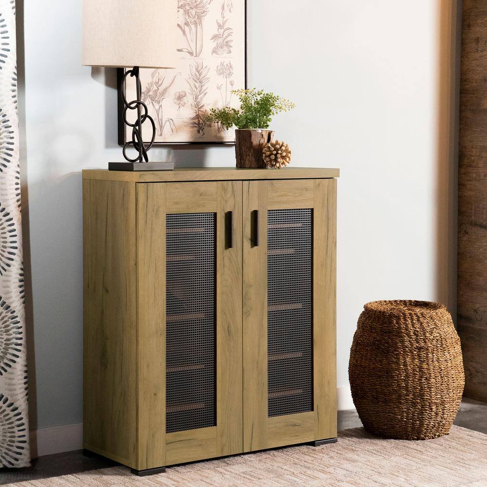 Golden Oak and Gunmetal Mesh Door Accent Cabinet