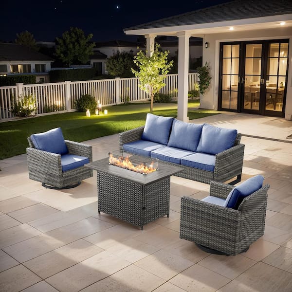 U-Frame 4-Piece Gray Wicker Fire Pit Conversation Set with Olefin Blue Cushions and Swivel Glider Chairs/Couch