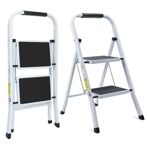 Reach 2.5 ft. 2-Step Steel Ladder, Foldable Non-Slip Ladder Loading 500 lbs. for Home, Kitchen, Office (White)