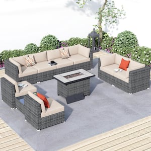 Messi Grey 10-Piece Wicker Outdoor Patio Fire Pit Conversation Sofa Sectional Set with Beige Cushions