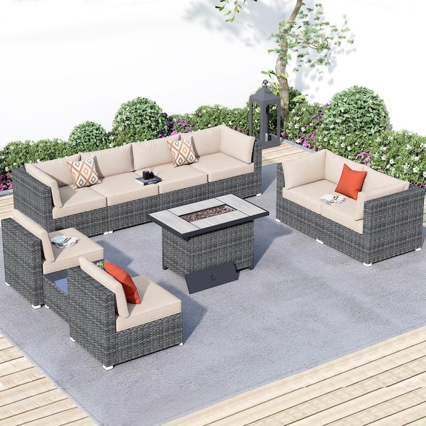 HOOOWOOO Messi Grey 10-Piece Wicker Outdoor Patio Fire Pit Conversation Sofa Sectional Set with Beige Cushions