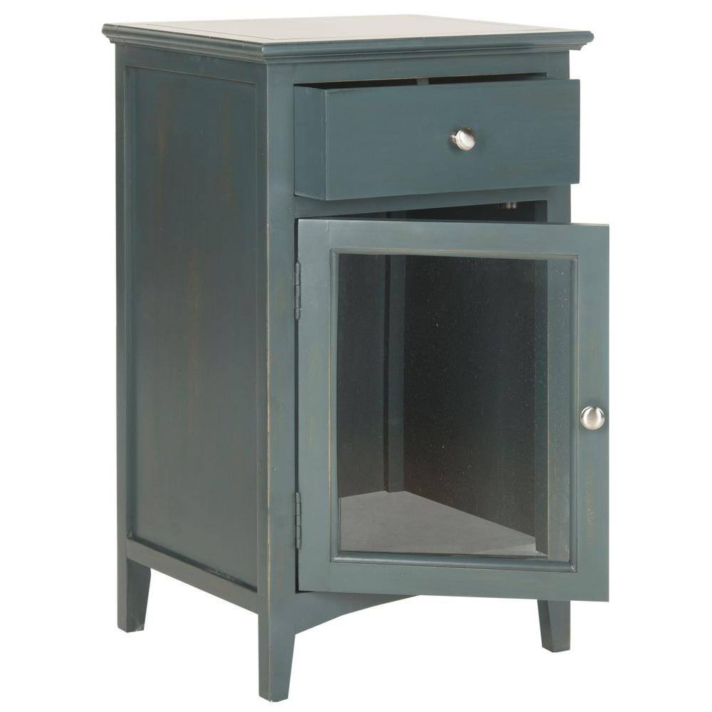Transitional Steel Teal Wood and Metal Nightstand with Storage