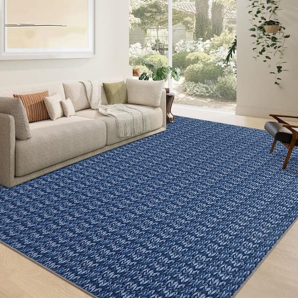Blue 8 ft. x 10 ft. Polyester Washable Modern Geometric Pattern Area Rug