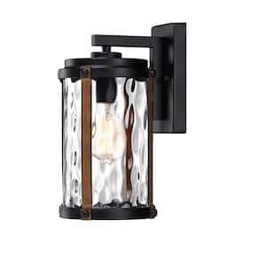 1-Light Hardwired Outdoor Wall Lantern Sconce with Water Glass and Black Wood