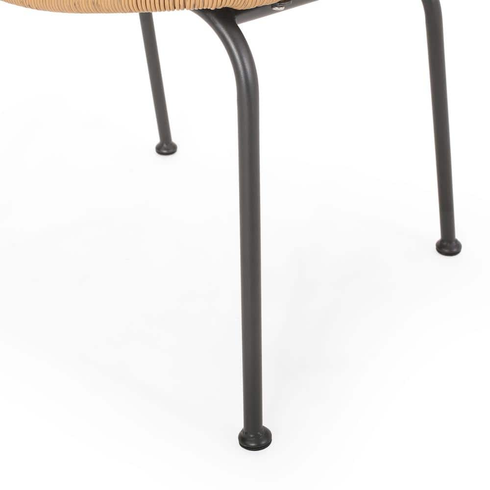 Light Brown Wicker Armless Dining Chair with Black Iron Frame