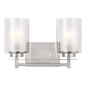 Elmwood Park 13.25 in. 2-Light Brushed Nickel Modern Transitional Bathroom Vanity Light with Satin Etched Glass Shades