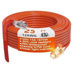25 ft. 12/3 Heavy Duty Outdoor Extension Cord Waterproof with Lighted end 15Amp 1875W 12AWG SJTW ETL Orange