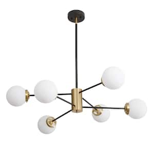 Modern 6-Light Vintage Black Chandeliers Sputnik and Gold Mid Century Ceiling-Light with Glass Shade Height Adjustable