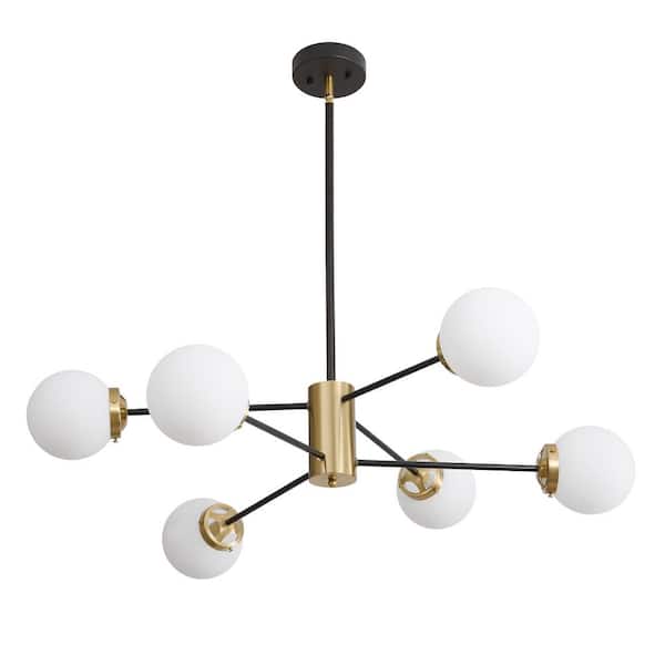 Deyidn Modern 6-Light Vintage Black Chandeliers Sputnik and Gold Mid Century Ceiling-Light with Glass Shade Height Adjustable