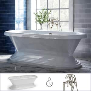 72 in. Acrylic Dual-Rest Skirted Pedestal Flatbottom Bathtub Combo Tub in White with Faucet and Drain in Brushed Nickel