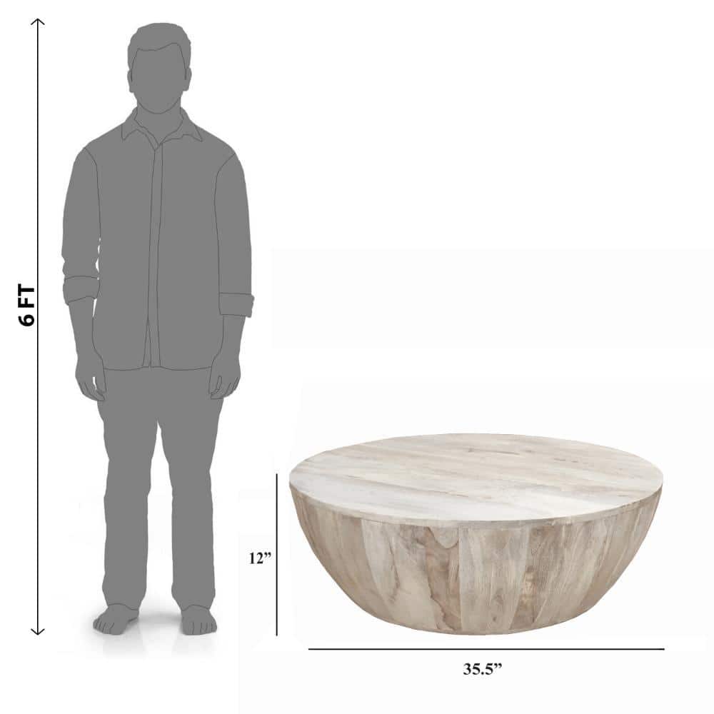 35.5" Round Washed Light Brown Mango Wood Outdoor Coffee Table