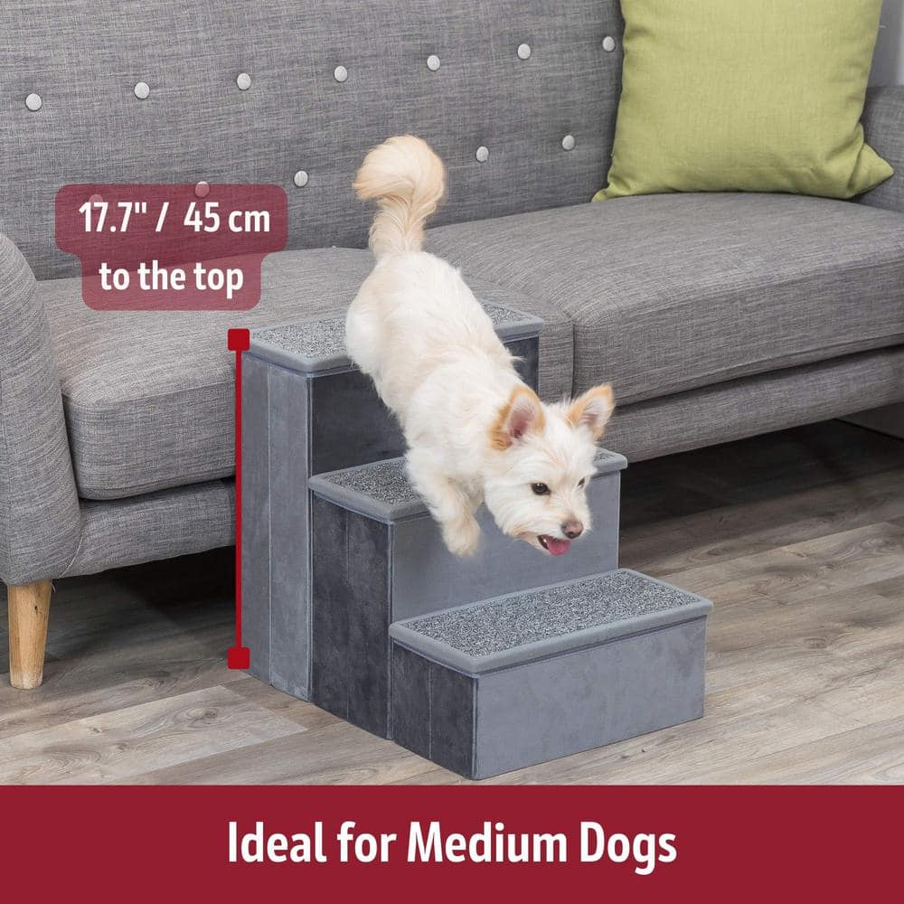 Gray Velour Foldable 3-Step Pet Stairs with Storage