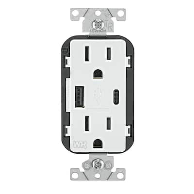 15 Amp Weather-Resistant USB Duplex Outlet with Type A and Type-C Ports, White W5633-W