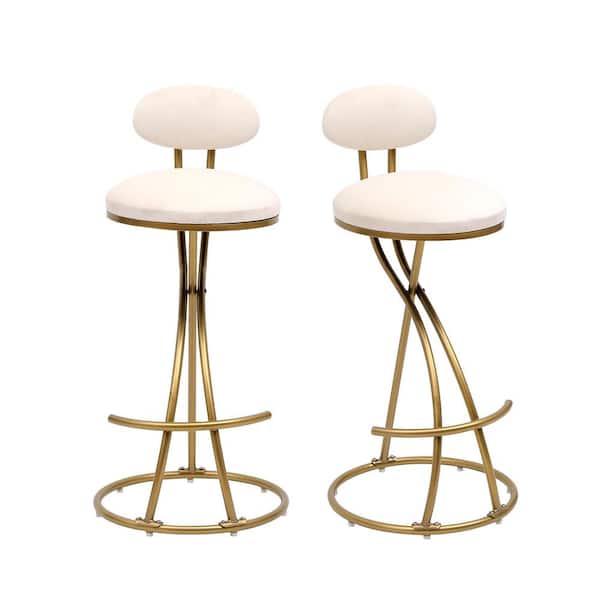 36.61 in. H Gold Creamy White Low Back Metal Bar Stool with Upholstery Set of 2