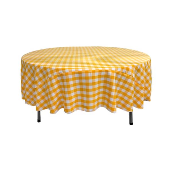 LA Linen 90 in. White and Dark Yellow Polyester Gingham Checkered Round Tablecloth