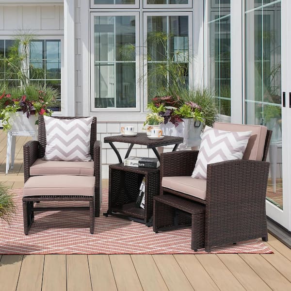 6-Piece Wicker Brown Outdoor Conversation Set with Ottomans and Side Table, Beige Cushions