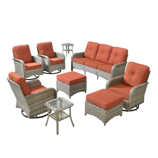 Beverly 9-Piece Wicker Patio Conversation Sofa Swivel Rocking Chairs Set with Ottomans and Orange Red Cushions
