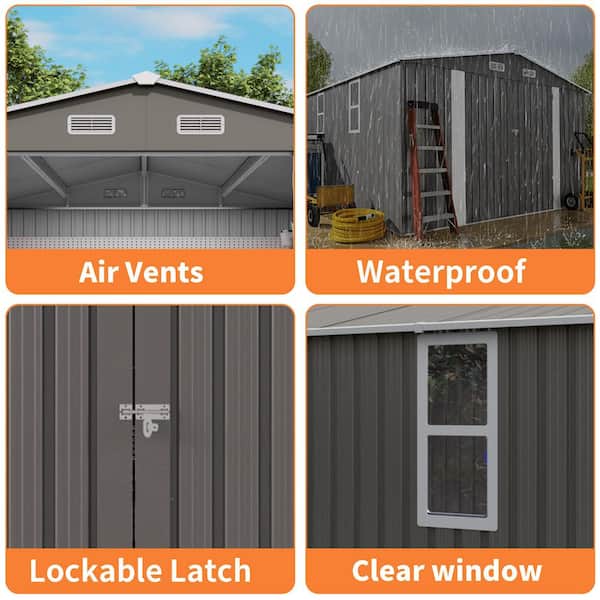 10 ft. W x 12 ft. D Metal Shed with Double Door and 2 Window, Waterproof Tool Sheds in Grey (117 sq. ft. )