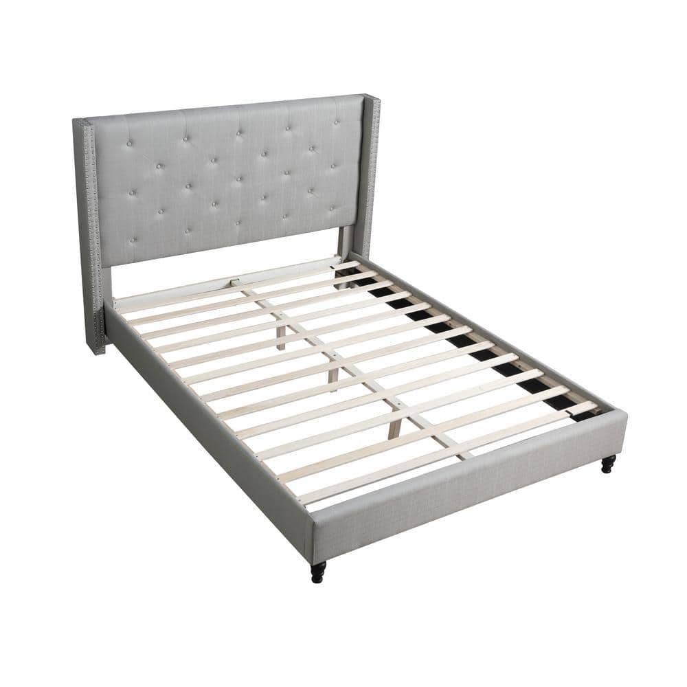 Elegant Linen Queen Platform Bed with Tufted Wingback and Nailhead Trim