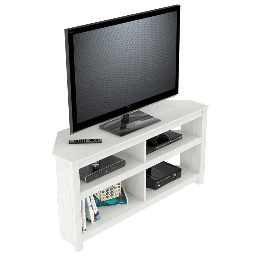 Modern Washed Oak Corner TV Stand with Open Shelves