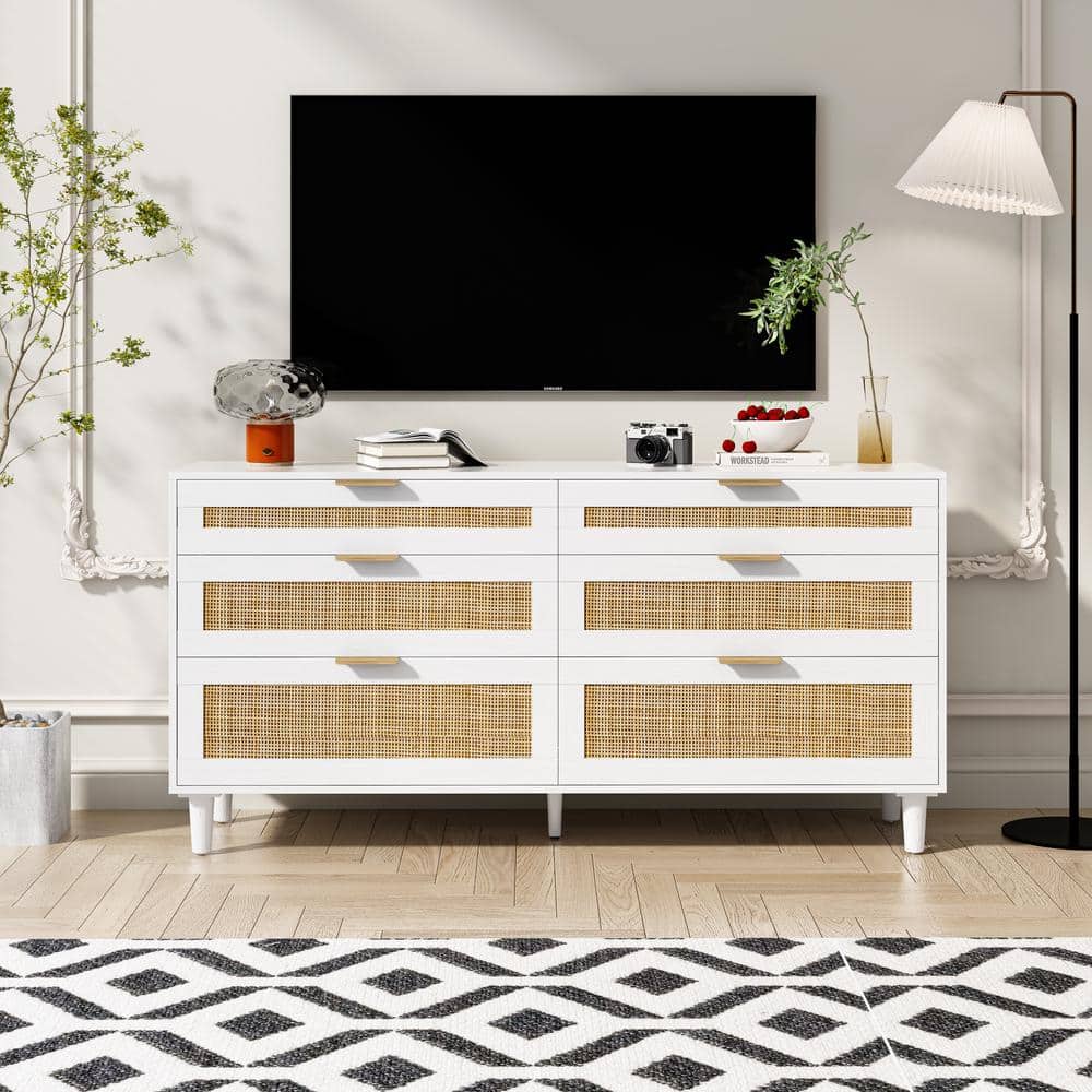 White MDF and Rattan 6-Drawer Dresser with Gold Handles