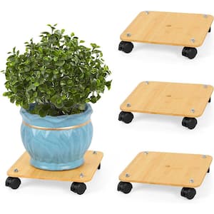 Bamboo Rolling Plant Caddy Stand Base with Lockable Casters (3-Pack)