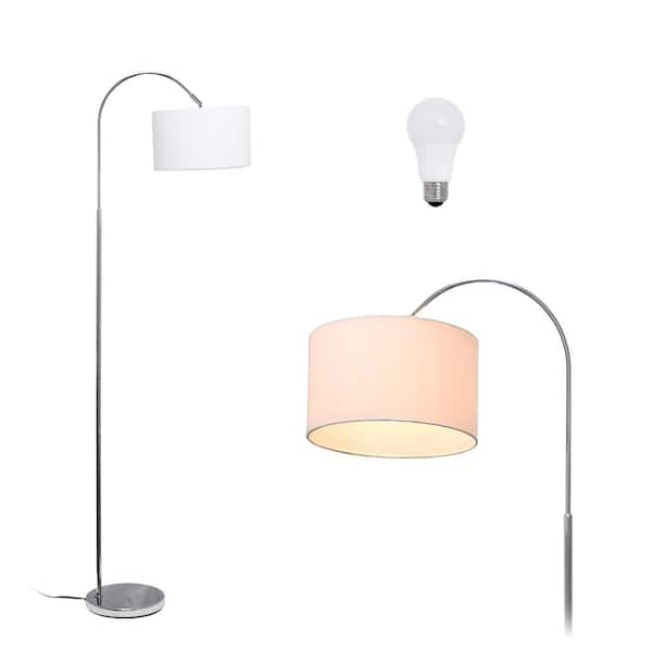 Simple Designs 66 in. Modern Brushed Nickel Arched Floor Lamp with White Shade, with LED Bulb Included