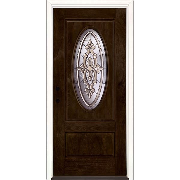 Feather River Doors 37.5 in. x 81.625 in. Silverdale Patina 3/4 Oval Lite Stained Chestnut Mahogany Right-Hand Fiberglass Prehung Front Door