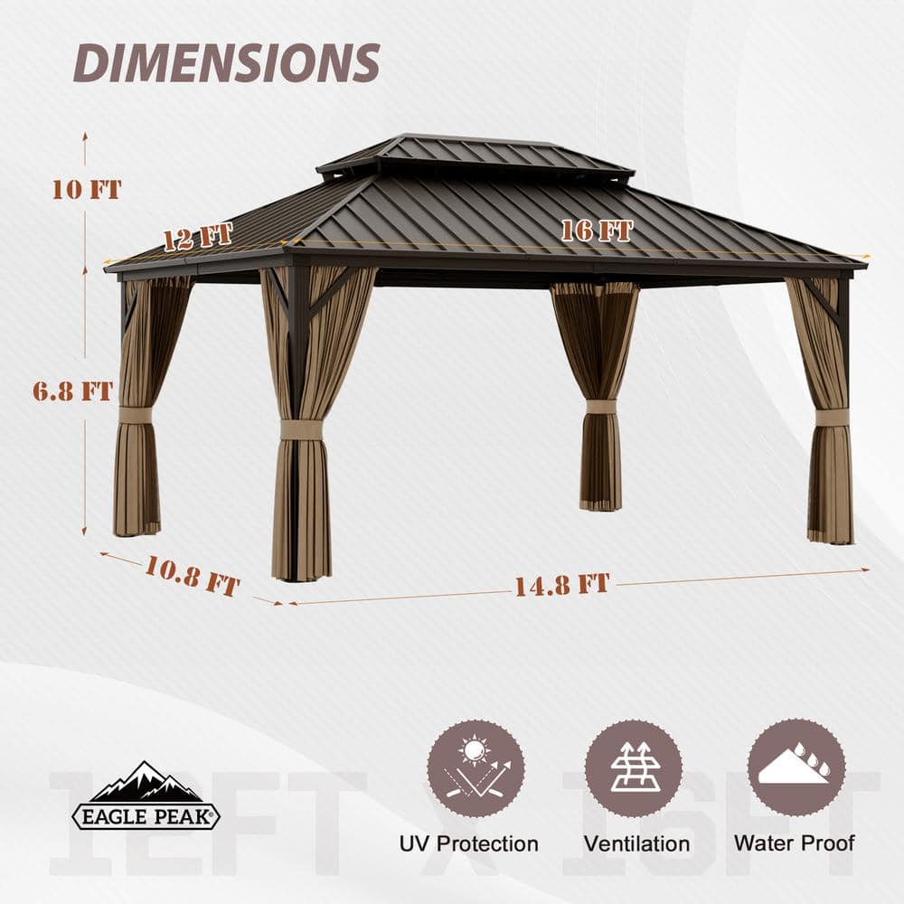 Brown 12' x 16' Aluminum and Steel Hardtop Gazebo with Curtains