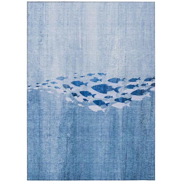 Sky Blue, Navy Blue 9 ft. x 12 ft. Woven Geometric Polyester Rectangle Indoor/Outdoor Area Rug