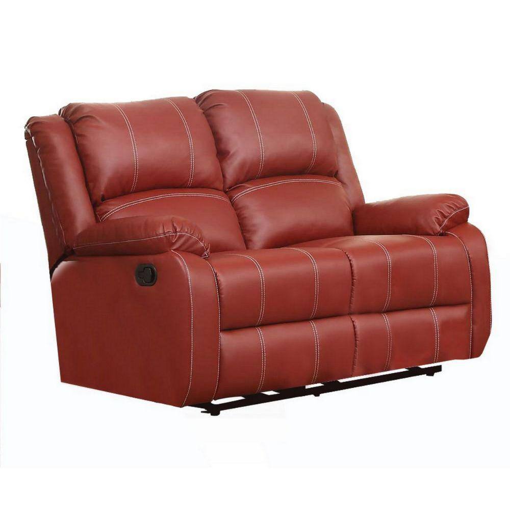 Benjara 38.5 in. Red Solid Leather 2-Seater Loveseat with Dual Recliner ...