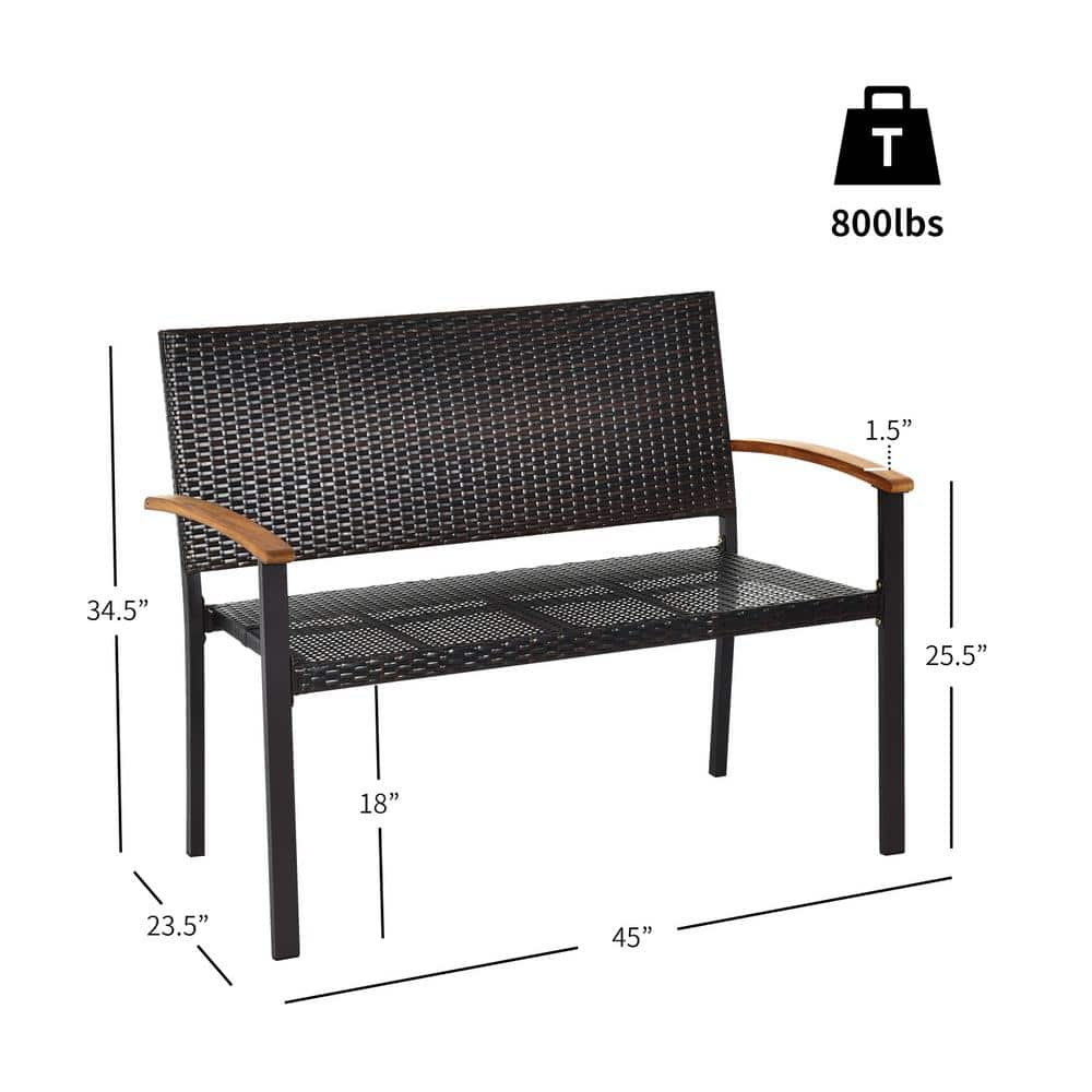 Weather-Resistant Rattan Wicker Loveseat with Steel Frame and Acacia Armrests