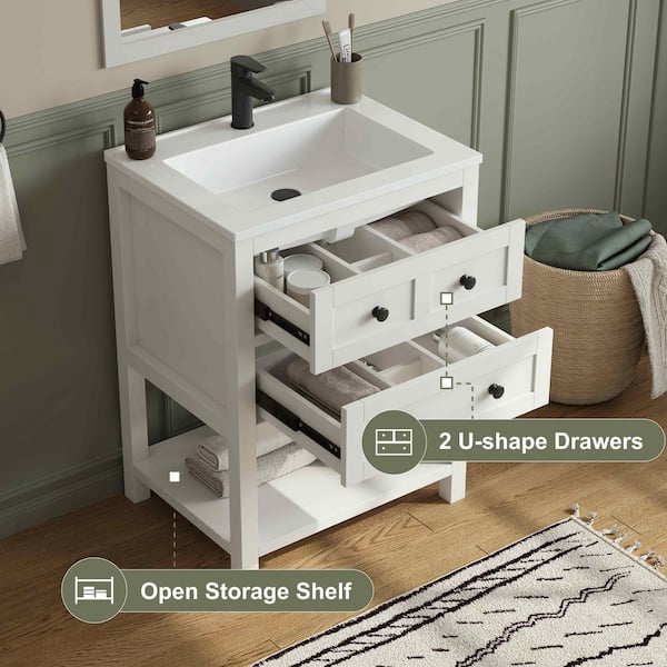 Shay 25 in. Single Sink White Bath Vanity with White Engineered Solid Surface Top, Open Shelf and 2 Drawers Unassembled