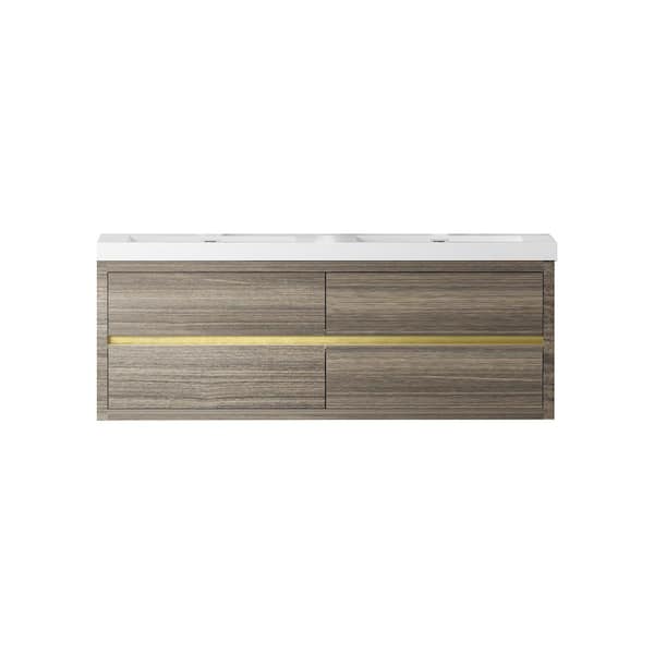 60 in. W x 20 in. D x 22 in. H Double Sink Wall-Mounted Bath Vanity in Grey Ash with White Solid Surface Top