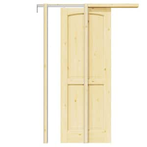 32 in. x 80 in. Arch 2-Panel Unfinished Pine Wood Pocket Sliding Door with Pocket Door Hardware Kit (Soft Close Inclu)