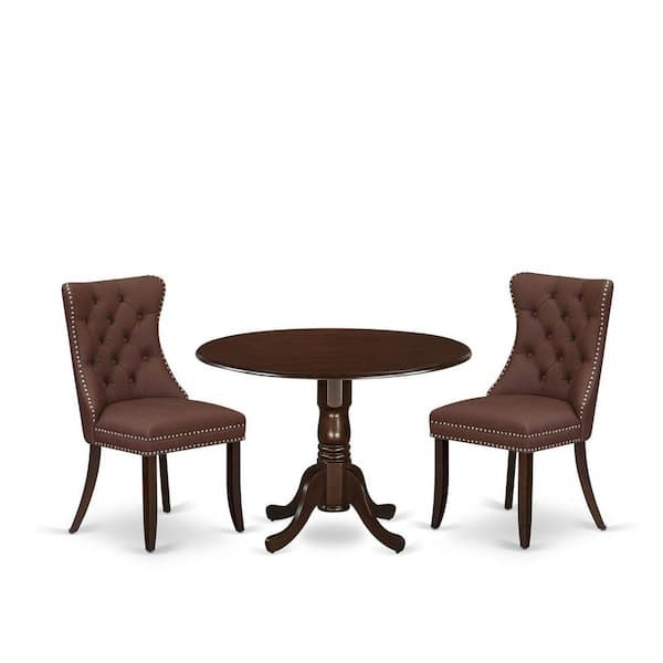 East West Furniture 3-Piece Mahogany Finish Solid Wood Top-Round Upholstered Dining Room Set with Dropleaf-Seats 4