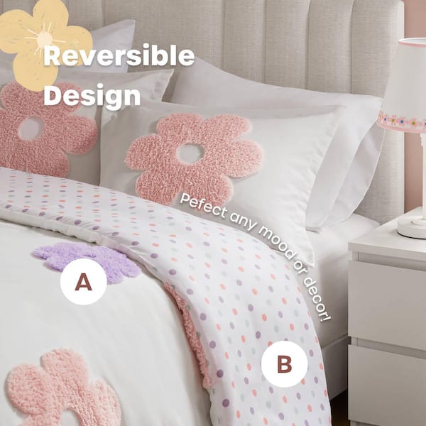 Madeline 3-Piece White/Purple Polyester Full/Queen Floral Reversible Tufted Chenille Duvet Cover Set