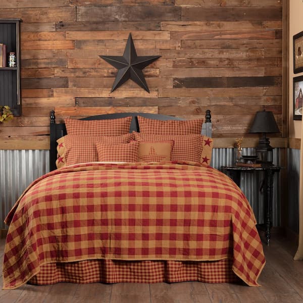 VHC BRANDS Burgundy Tan Check King Cotton Quilted Coverlet