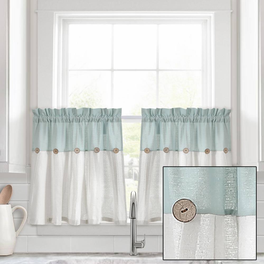 Blue and Off-White Cotton Blend Kitchen Tier Curtains with Rustic Buttons