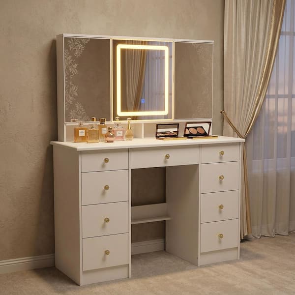 White Modern Makeup Vanity Desk 9 Drawers Wood Dressing Table With 3 Mirrors, Hidden Storage Shelves, LED Lighted