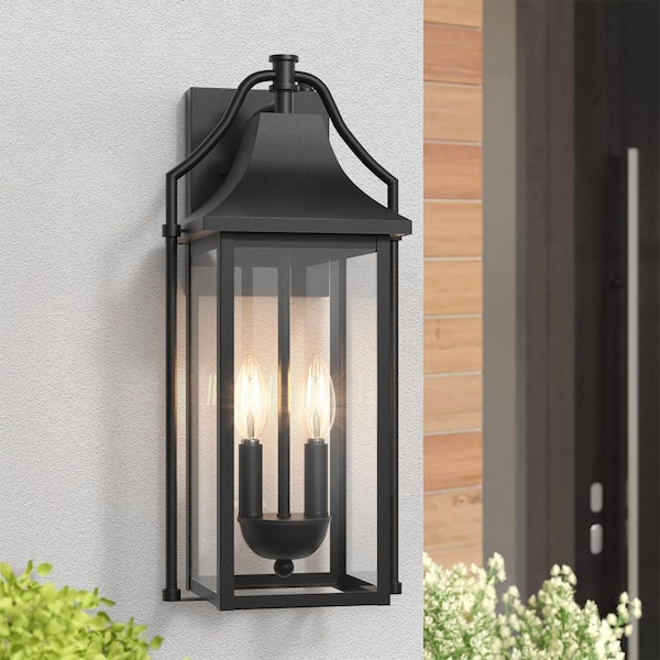 Hawaii 18 in. H 2-Bulb Black Hardwired Outdoor Wall Lantern Sconce with Dusk to Dawn