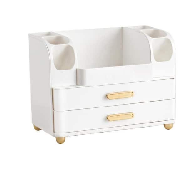 Multi-Compartment Countertop Vanity Organizer with BrushHolder in All White for Daily Makeup Brush Perfume Organization