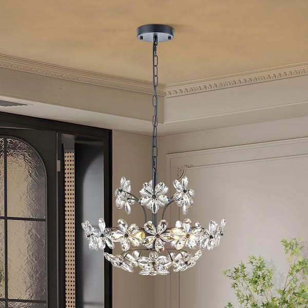 6-Light 17.72 in. Black Modern Elegant Crystal Flower Chandelier