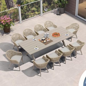 11 Piece Aluminum All-Weather PE Rattan Rectangular Outdoor Dining Set with Cushion, Champagne