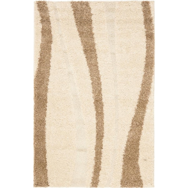 SAFAVIEH Florida Shag Cream/Dark Brown Doormat 3 ft. x 5 ft. Striped Area Rug